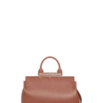 Front view of cognac amethyst tote showing strap on white background with no model showing

