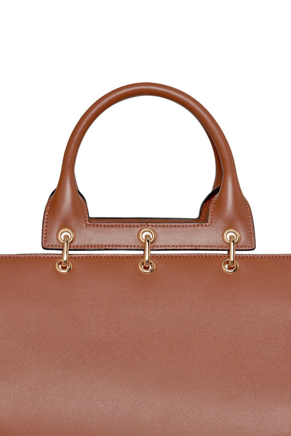 Front closeup view of cognac amethyst tote on white background with no model shown.