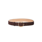 Front view of dark brown elster buckle belt on white background, with no model shown.