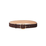 Front view of dark brown elster buckle belt on white background, with no model shown.