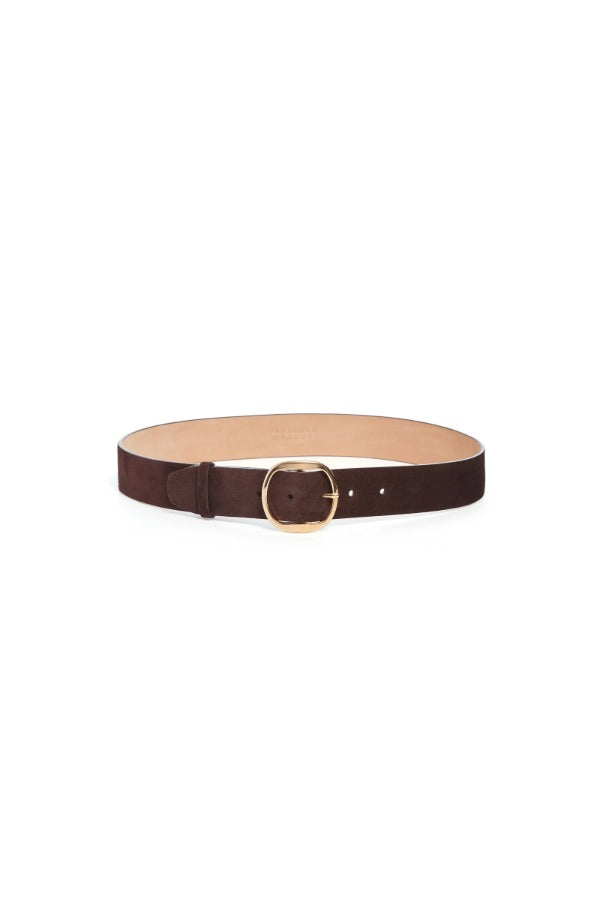 Front view of dark brown elster buckle belt on white background, with no model shown.