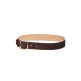 Side view of dark brown elster buckle belt on white background, with no model shown.