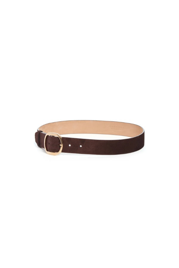 Side view of dark brown elster buckle belt on white background, with no model shown.