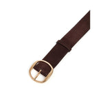 Buckle view of dark brown elster belt on white background, with mo model shown.