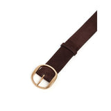 Buckle view of dark brown elster belt on white background, with mo model shown.