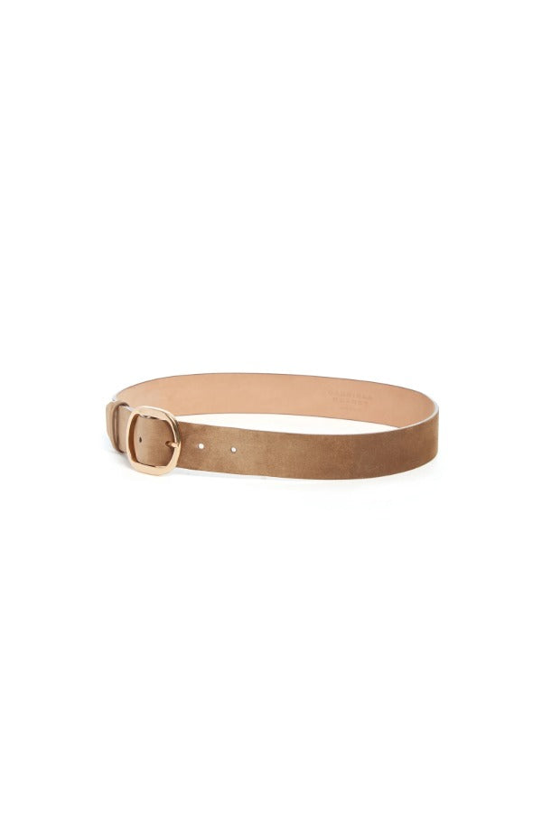 Side view of dark sand elster buckle belt on white background, with no model shown.