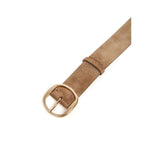 Buckle view of dark sand elster belt on white background, with no model shown.
