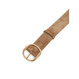 Buckle view of dark sand elster belt on white background, with no model shown.