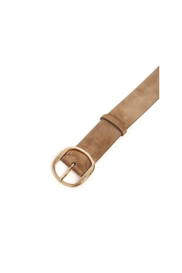Buckle view of dark sand elster belt on white background, with no model shown.