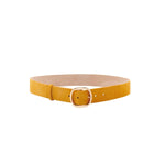 Front view of golden birch elster buckle belt on white background, with no model shown.