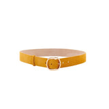 Front view of golden birch elster buckle belt on white background, with no model shown.