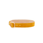 Side view of golden birch elster buckle belt on white background, with no model shown.