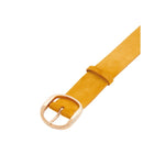 Buckle view of golden birch elster belt on white background, with no model shown.