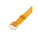 Buckle view of golden birch elster belt on white background, with no model shown.