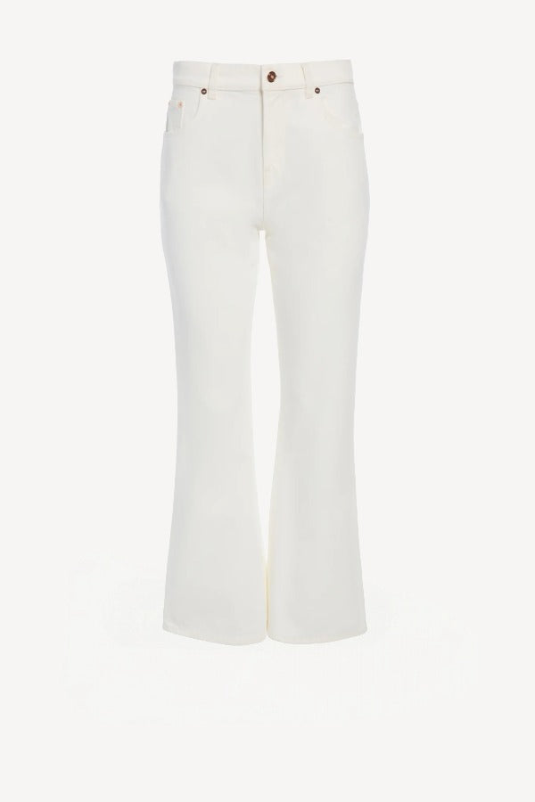 Front view of white ezra bootcut jean on white background, with no model shown.