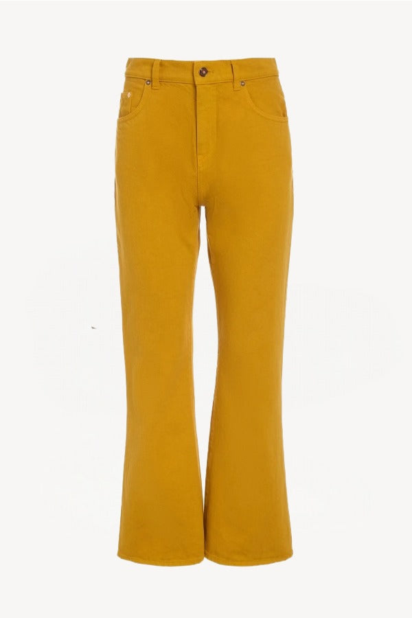 Front view of golden birch ezra bootcut jean on white background, with no model shown.