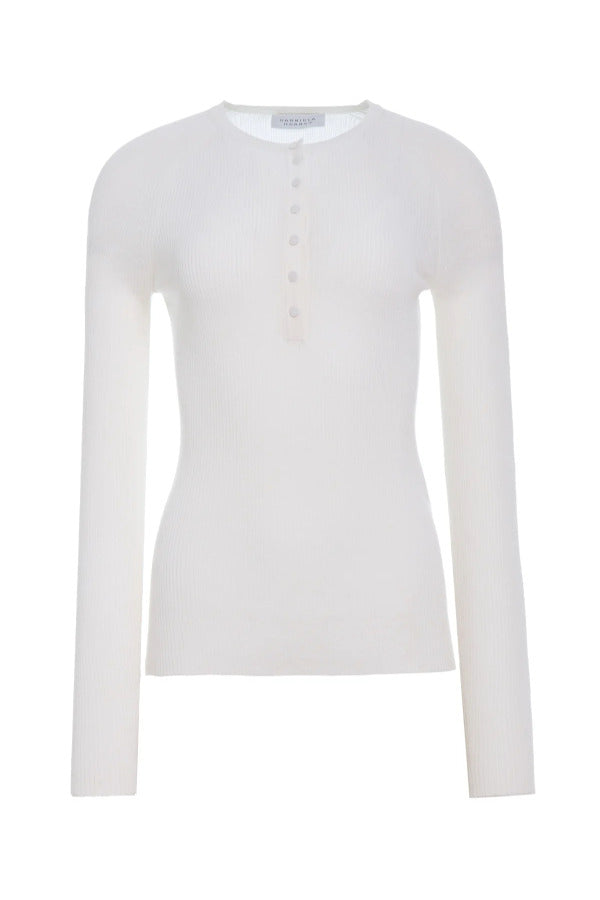 Front view of ivory agnes henley on white background, with no model shown.