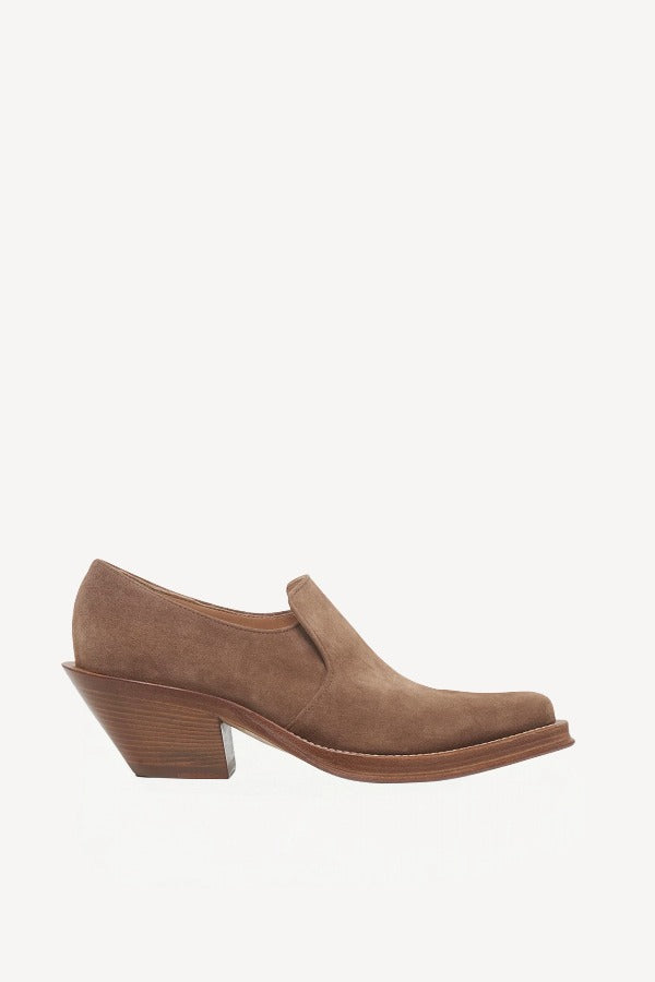 Right side view of dark sand jack loafer on white background, with no model shown.