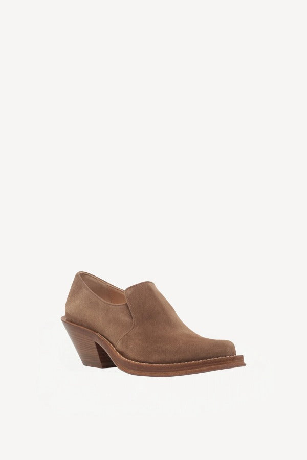 Front slanted view of dark sand loafer on white background, with no model shown.
