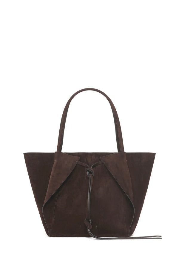 Front view of dark brown marija tote bag on white background with no model shown.
