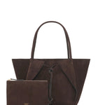 Front view of dark brown marija tote bag with zipper pouch on white background, with no model shown.
