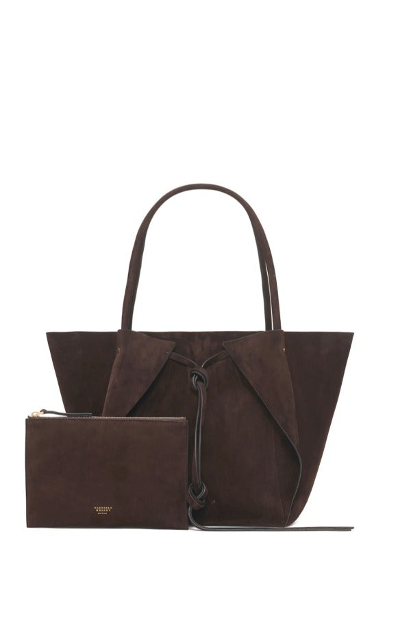 Front view of dark brown marija tote bag with zipper pouch on white background, with no model shown.