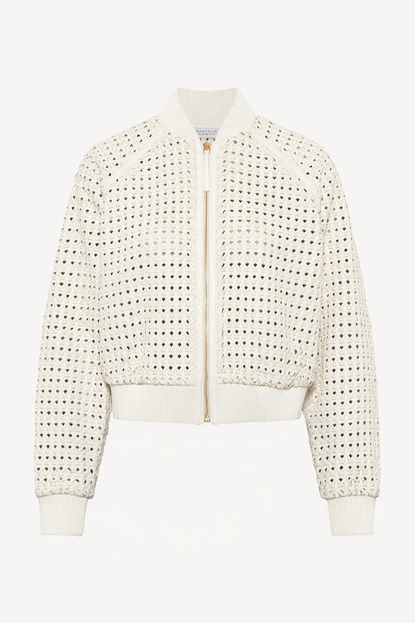 Front view of white odin bomber jacket on white background, with no model shown.