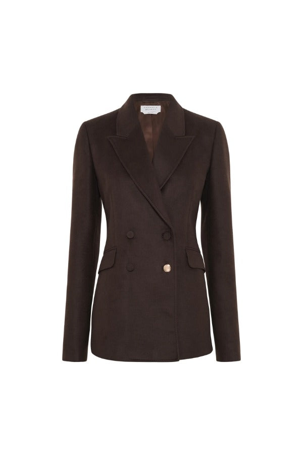 Front view of chocolate stephanie blazer on white background, with no model shown.