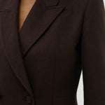 Alternate front closeup view of chocolate stephanie blazer on model, against a white background.