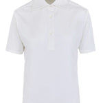 Front view of white daphne polo shirt on white background, with no model shown.