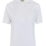 Front view of white daphne polo shirt on white background, with no model shown.