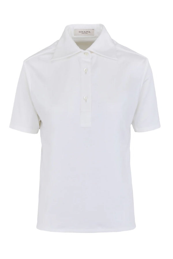 Front view of white daphne polo shirt on white background, with no model shown.