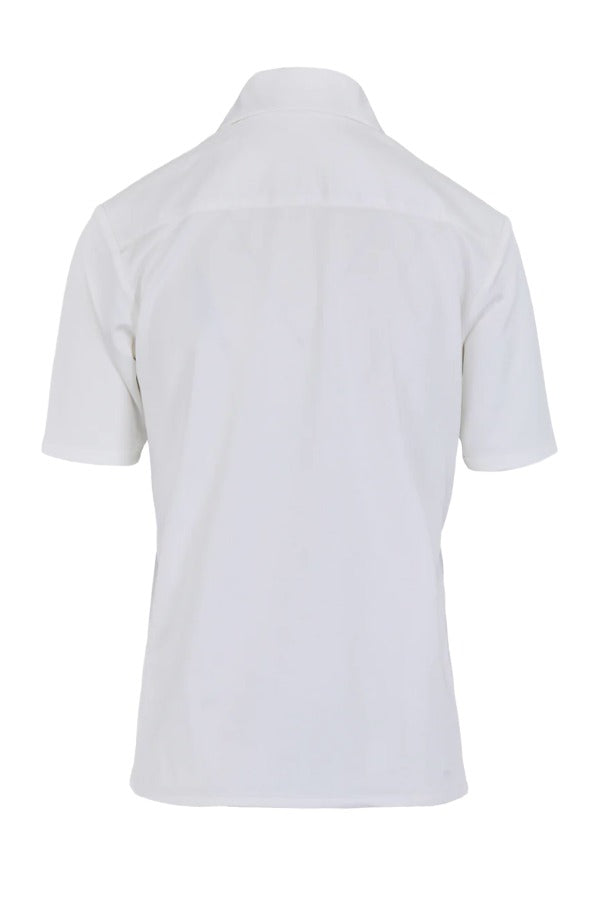 Back view of white daphne polo shirt on white background, with no model shown.