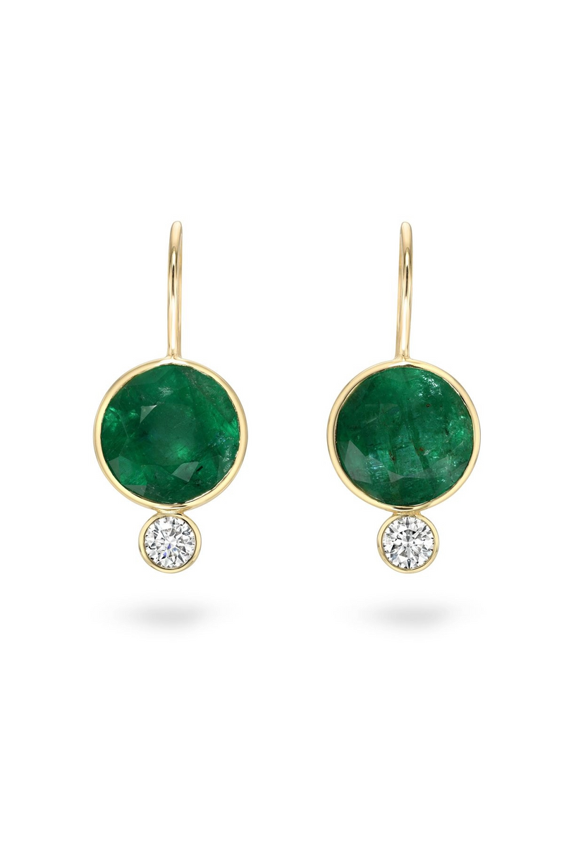 18K Yellow Gold Green Emerald and Diamond Drop Earrings