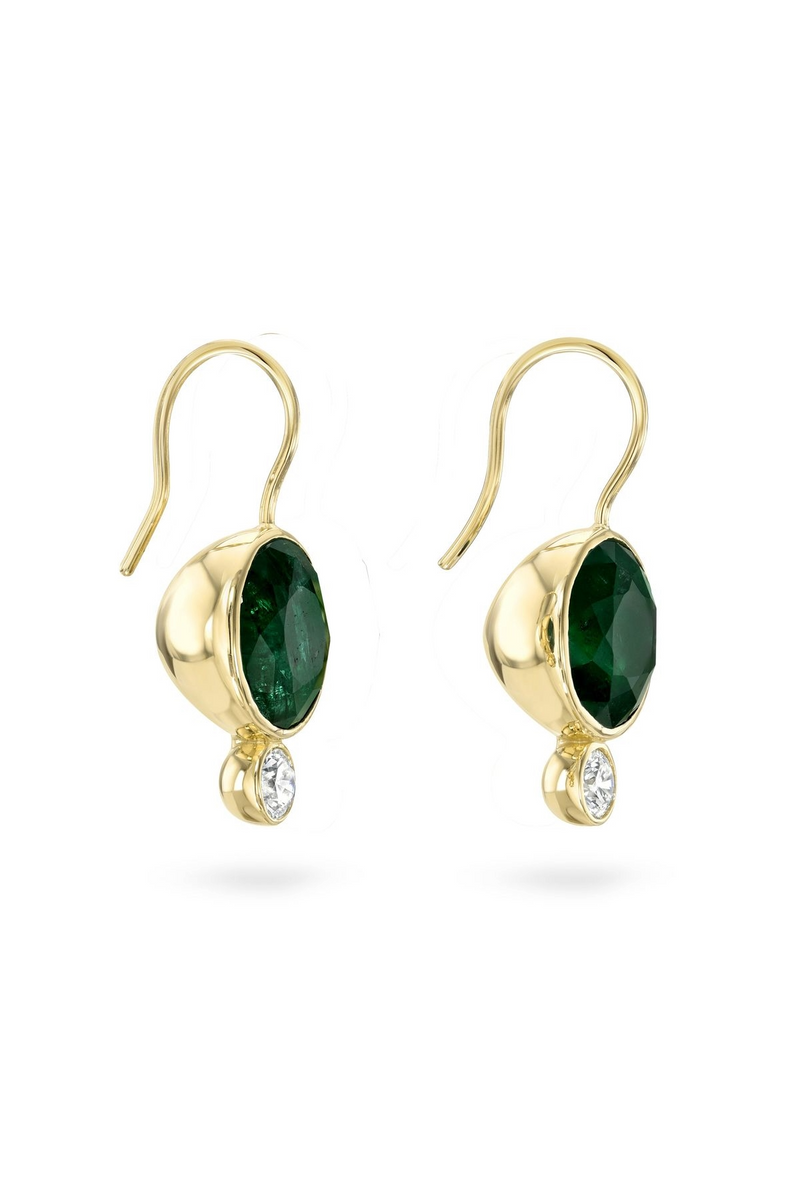 18K Yellow Gold Green Emerald and Diamond Drop Earrings