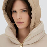 Front hood closup view of chantilly cape jacket on model, against a white background.