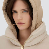 Front hood closup view of chantilly cape jacket on model, against a white background.
