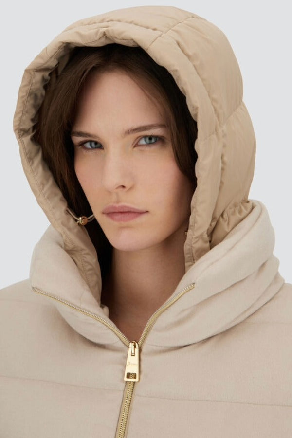 Front hood closup view of chantilly cape jacket on model, against a white background.