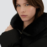Front closeup view of black jacket in arendelle on model, against a white background.