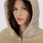 Front hood view of chantilly knitted jacket on model, against a white background.