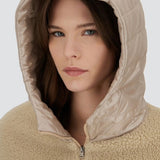 Front hood view of chantilly knitted jacket on model, against a white background.