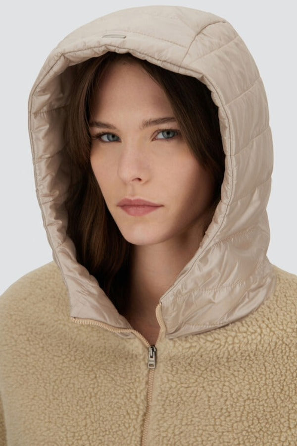 Front hood view of chantilly knitted jacket on model, against a white background.