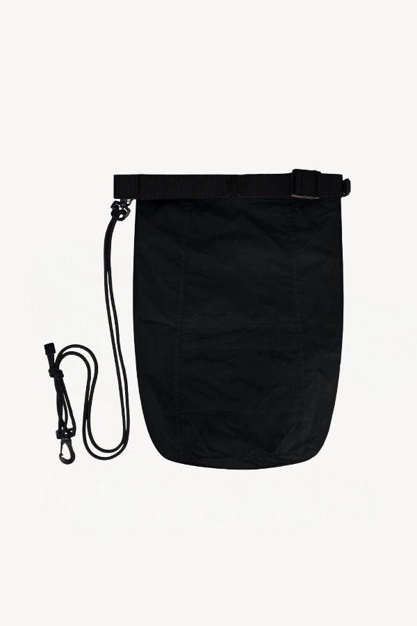 Front view of black laminar bag on white background, with no model shown.