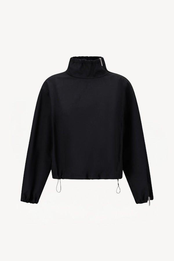 Front view of black wool jacket on white background, with no model shown.