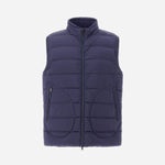 Front view of new blue gilet on white background, with no model shown.