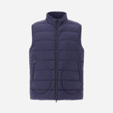 Front view of new blue gilet on white background, with no model shown.