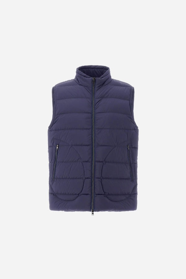 Front view of new blue gilet on white background, with no model shown.