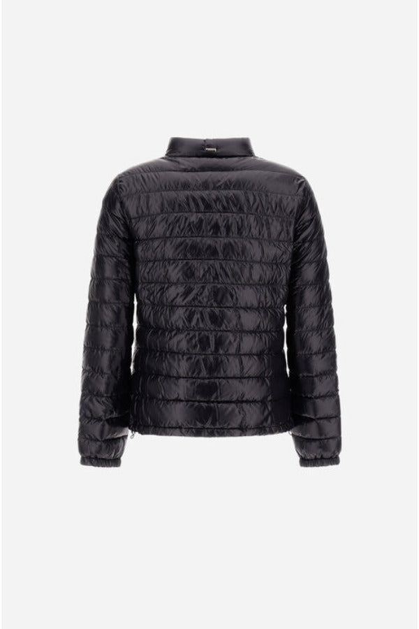 Back view of black bomber jacket on white background, with no model shown.