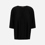 Front view of black pleated jersey t-shirt on white background, with no model shown.