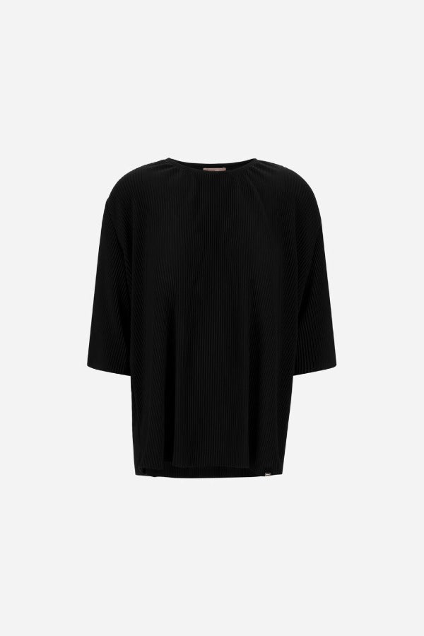 Front view of black pleated jersey t-shirt on white background, with no model shown.